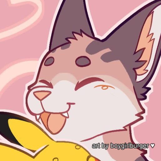 image id: my fursona, a slightly pinkish tan tabby cat, smiling with their mouth open and eyes closed. they are holding a pikachu mostly out of frame. in the bottom right of the image there is text that says "art by boygirlburger"